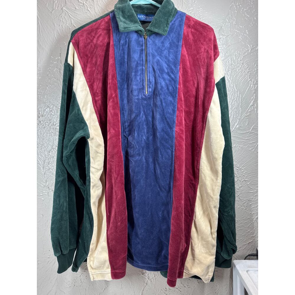 Vintage 80s Towncraft Velour Shirt 1/4‎ Zip Burgundy Cream Blue Green 2XL/3XL